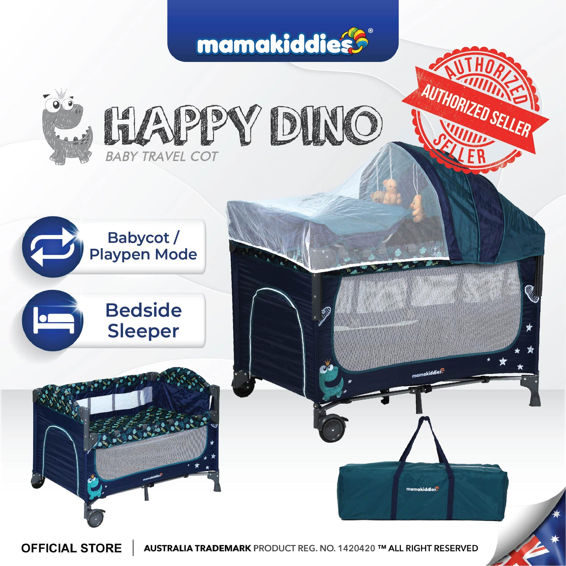 Mamakiddies Travel Baby Bed Happy Dino - Main Image