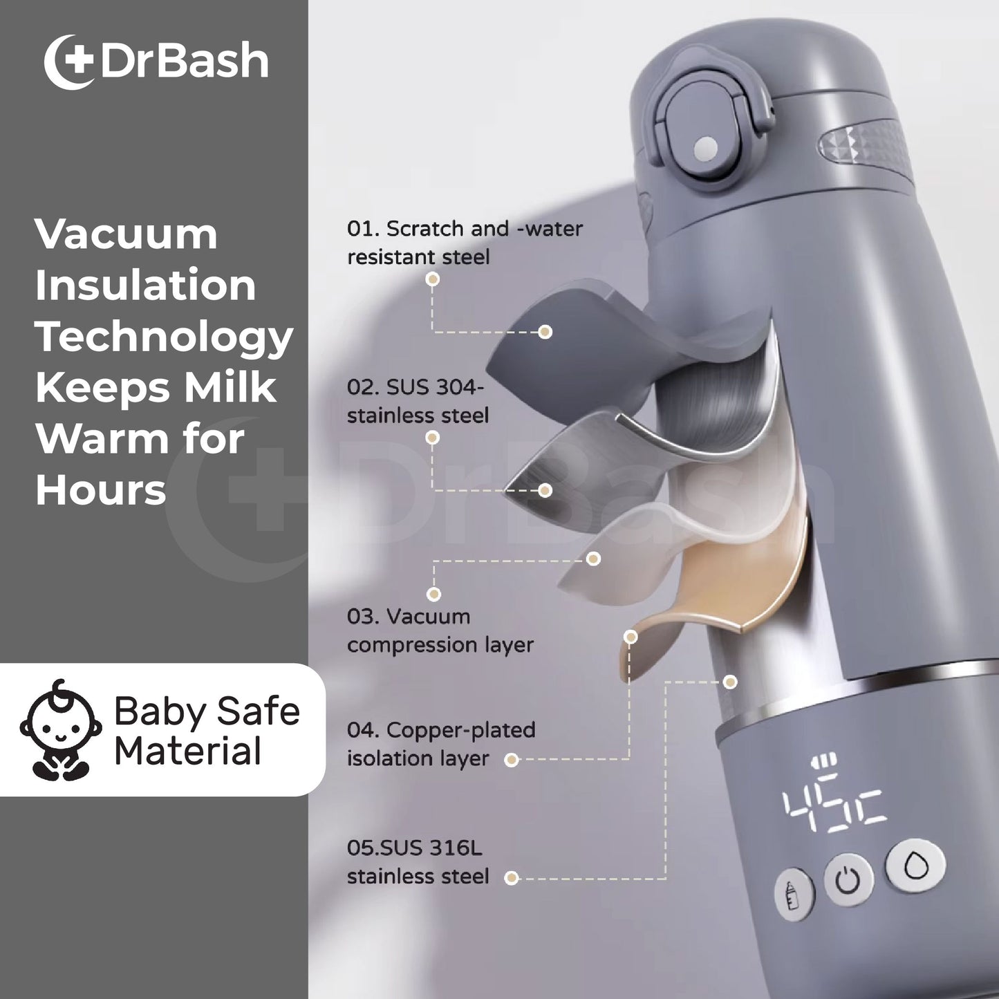 DrBash Wireless Thermostatic Bottle Warmer Flask Design